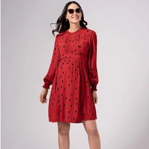 Seraphine Red Midi Maternity & Nursing Dress with Black Polka Dots